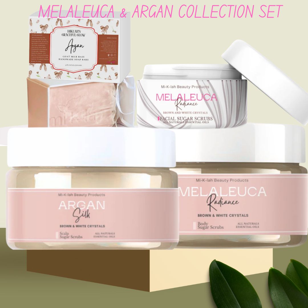 Argan Essential Oils Scalp shea & Sugar Scrub, and Luxurious Argan Beauty Bars, Melaleuca Facial shea/ sugar scub