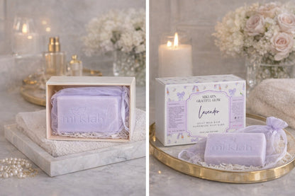 Lavender Goat Milk Soap, Scrub & Shea Body Butter Set – natural ingredients flat lay