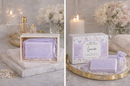 Lavender Goat Milk Soap, Scrub & Shea Body Butter Set – natural ingredients flat lay