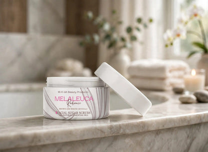 Melaleuca facial sugar scrub jar on a marble bathtub edge | Miklahgiftsets