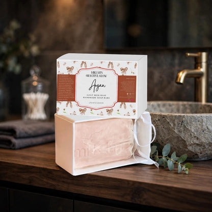 Argan soap gift box on a walnut bathroom shelf | Miklahgiftsets