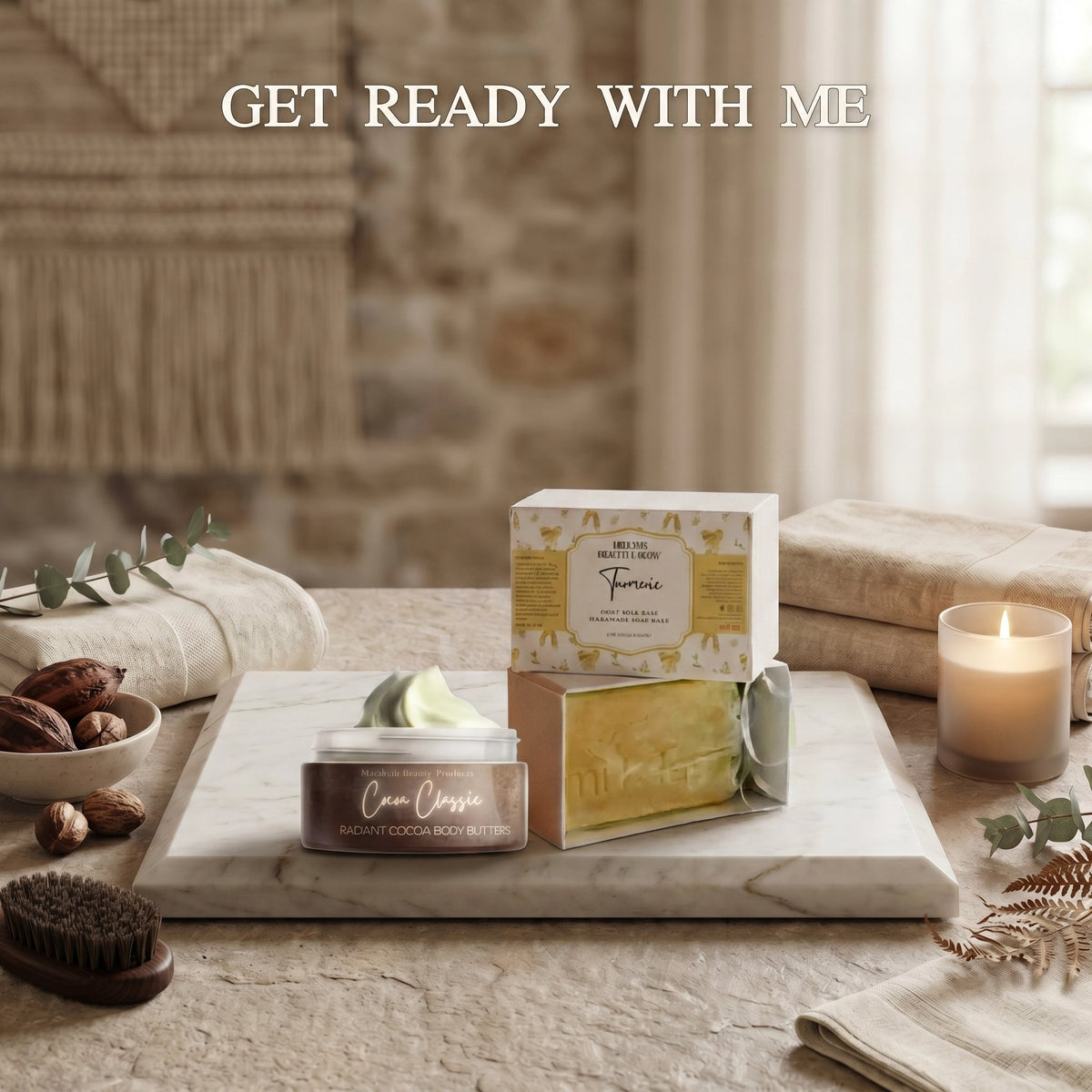 Cocoa Butter, Coffee & Turmeric Soap Gift Set – natural ingredients flat lay