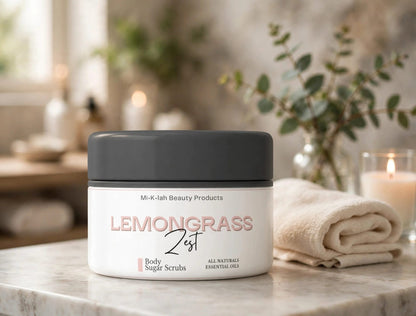 Lemongrass Zest body sugar scrub jar on a marble vanity - Miklahgiftsets