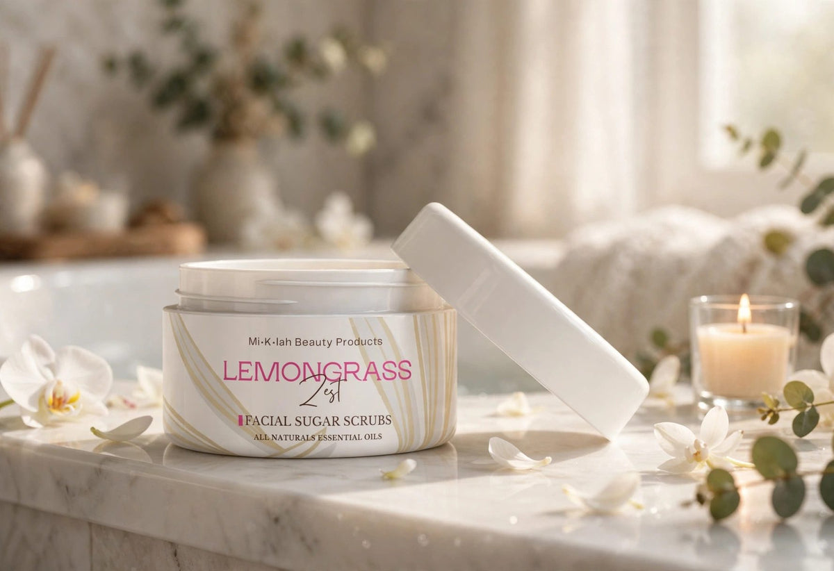 Lemongrass Zest facial sugar scrub jar on a marble bathtub edge - Miklahgiftsets