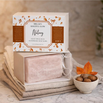 Spice of Serenity: Nutmeg Graceful Glow Bar Soap Gift Set – Miklahgiftsets – natural ingredients flat lay